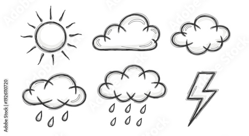 Collection of handdrawn weather icons including sun clouds rain and lightning