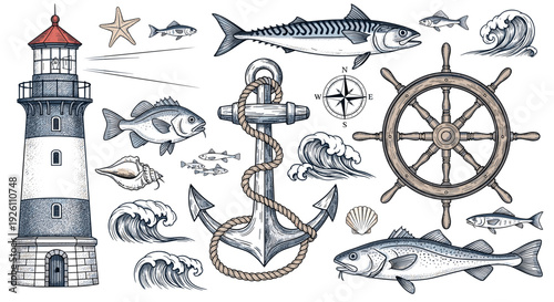 Collection of nautical symbols including lighthouse anchor and ship wheel