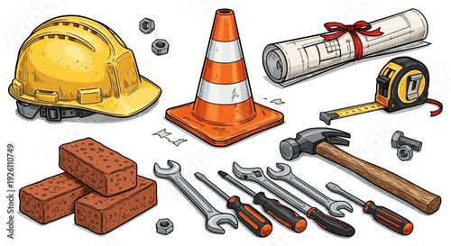 Construction tools and safety equipment arranged