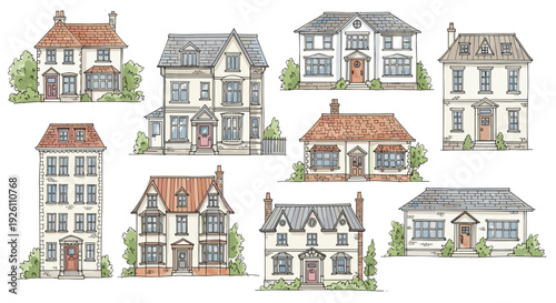 Collection of detailed watercolor illustrations of various houses