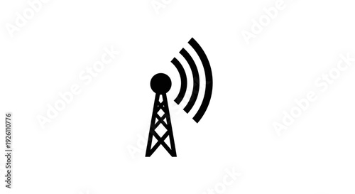 Simple black and white illustration of a radio tower emitting signal waves.