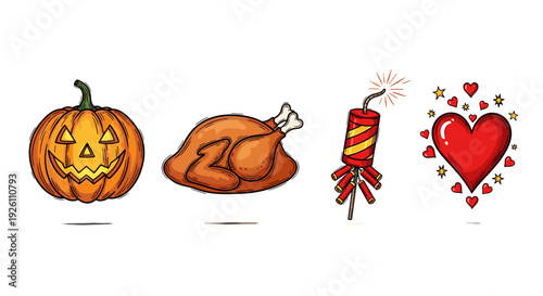 Set of four halloween themed icons including pumpkin turkey candle and heart
