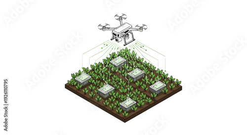Isometric drone flying over urban farm with greenhouses and crops