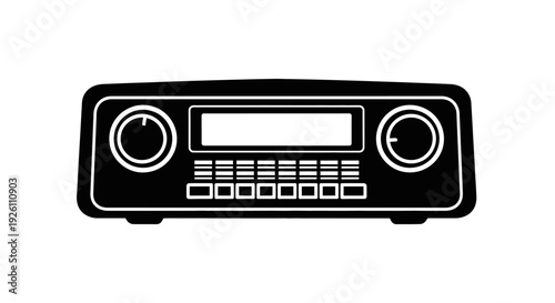 Black and white illustration of a car stereo system with buttons and dials.