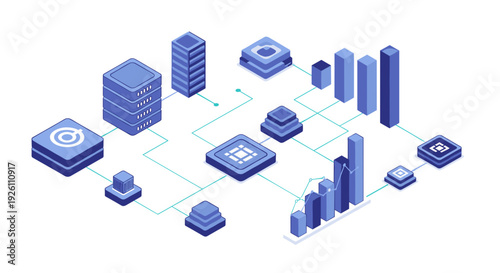 Abstract isometric digital data visualization with charts and graphs