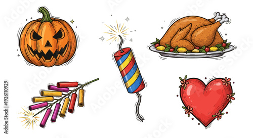 Collection of halloween themed objects including pumpkin candle and heart