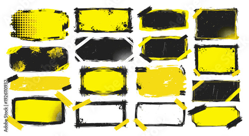 Collection of yellow and black paint swatches with textured backgrounds