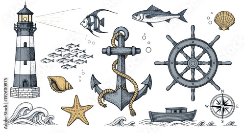 Collection of nautical symbols including lighthouse anchor and ship