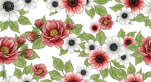 A floral pattern featuring red and white flowers with green leaves