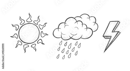 Weather icons representing sun rain cloud and lightning symbols