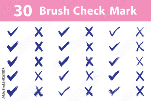 30 set of grunge vector checkmark and cross icon. Brush correct or incorrect sign. Hand drawn sketch doodle brush marker checklist symbol wrong right icon.