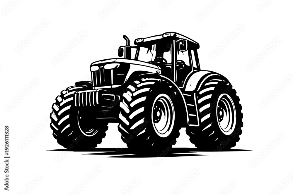 Obraz premium Low-angle perspective of a farm tractor emphasizing massive rear wheels