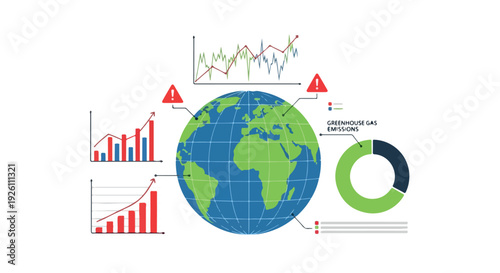 Infographic illustration of the Earth with various graphs and charts on a white background, conveying global data analysis and statistics in a professional style.