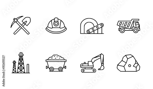 Mining Industry Line Icon Set Monochrome Mineral Extraction Vector Collection