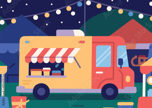 Fast Food Cartoons With Food Trucks Illustration Creative Design Template 