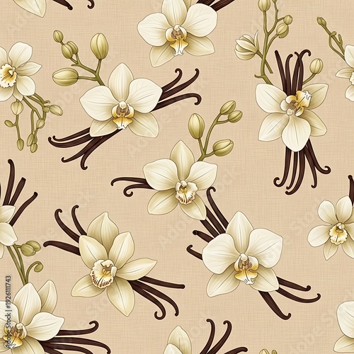 A floral pattern featuring white flowers and vanilla beans on beige