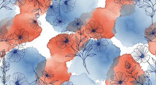 A floral pattern with blue and orange watercolor flowers