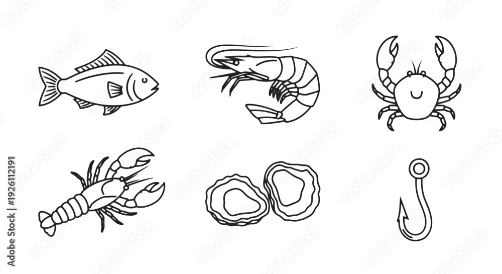 Obraz premium Seafood Items Outline Stroke Vector Icon Pack with Fish Shrimp Crab Lobster Oyster Shell Fishing Hook