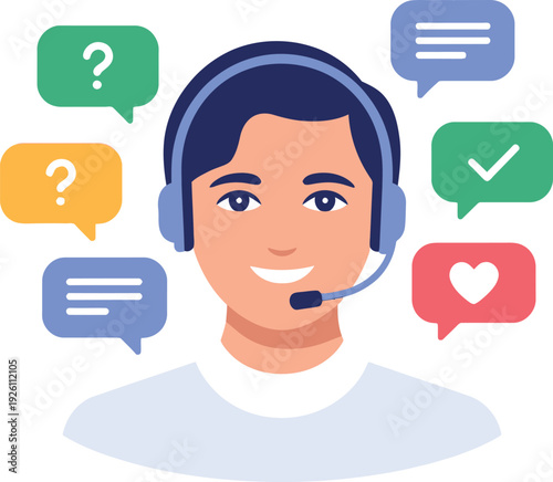 Customer Service Excellence: A friendly and approachable male customer service representative, wearing a headset, is surrounded by communication icons like speech bubbles and hearts.