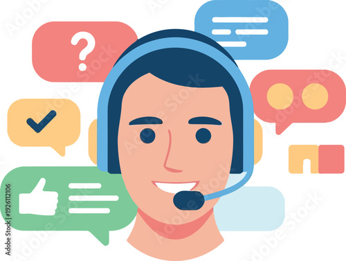 Customer Service Excellence: A friendly and approachable male customer service representative, wearing a headset, is surrounded by communication icons like speech bubbles and hearts.