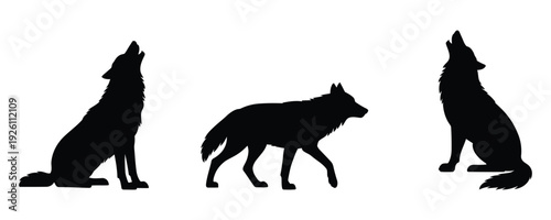 Three wolf silhouettes in different poses on white background