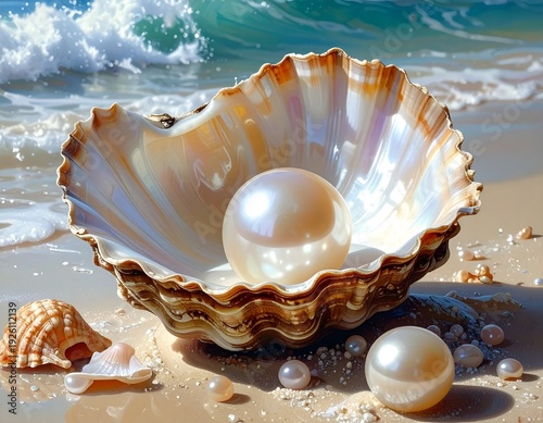 Stunning Seashell with Pearl on Sandy Beach, Ocean Waves in Background, Natural Beauty.