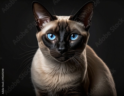 Stunning Siamese Cat Portrait with Striking Blue Eyes and Dark Mask Against Black Background.