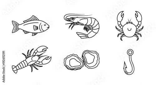 Seafood Items Outline Stroke Vector Icon Pack with Fish Shrimp Crab Lobster Oyster Shell Fishing Hook