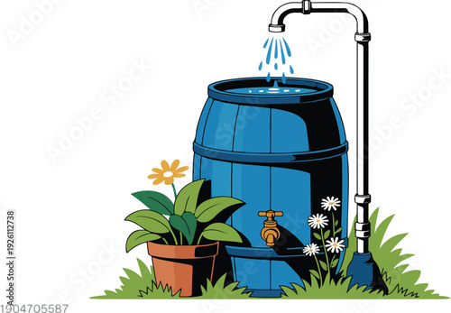 Rainwater Harvesting Illustration – Blue Barrel Outside House with Garden Plants
