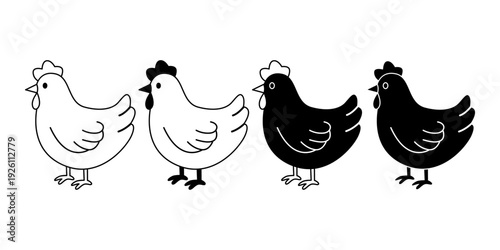 Farm Chicken Silhouette Collection in Black and White Domestic Poultry Illustration