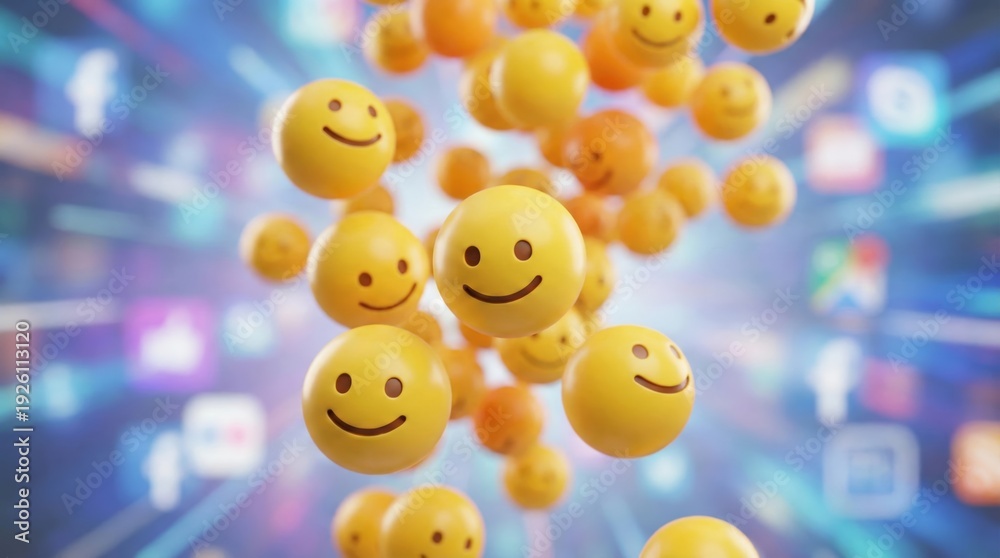Fototapeta premium Explosion of Yellow Smiley Face Emojis in Digital Space with Blurred Social Media Background