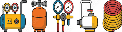 Refrigeration Tools Vector Set – Gauge Manifold, Gas Cylinder and Vacuum Pump