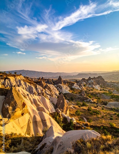 Stunning Sunrise Over Cappadocias Unique Rock Formations and Breathtaking Landscape.
