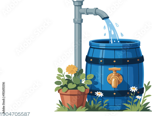 Rainwater Harvesting Illustration – Blue Barrel Outside House with Garden Plants