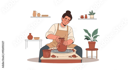 Artisan Shaping Clay Vase on Pottery Wheel in Minimal Studio
