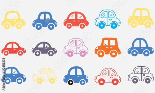 Collection of colorful cartoon cars in various solid colors and outlines on a light gray background automobile