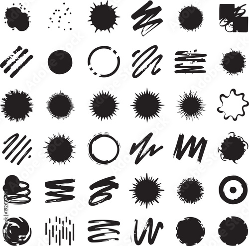 Collection of black ink splatter and brush stroke graphics