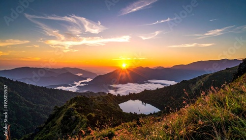 Stunning Sunrise Over Mountain Range and Serene Lake, Golden Hour Landscape.