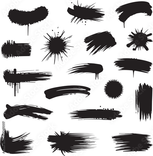 Collection of black ink brush strokes and splatters on white background