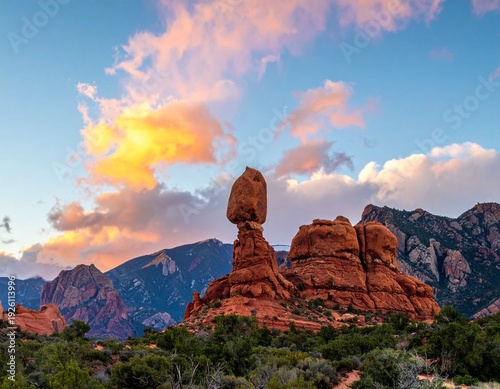 Stunning Sunset Over Balanced Rock Formation in Sedona, Arizona, Captivating Landscape Photography.