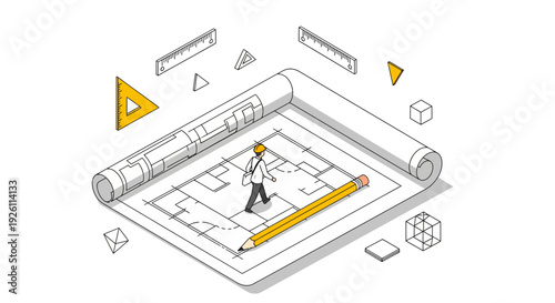 Architect Working on Blueprint with Pencil.