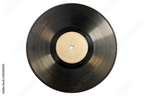 Closeup view of a vinyl record with visible grooves and cream colored label isolated on a transparent background