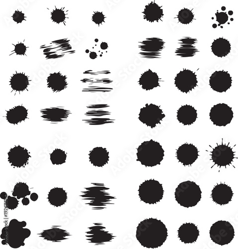 Collection of black ink splatters and dots on white background