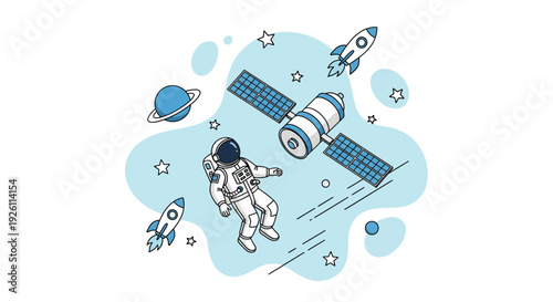 Astronaut in Space with Planets and Rockets.