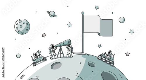 Astronauts Exploring Moon Surface with Telescope.