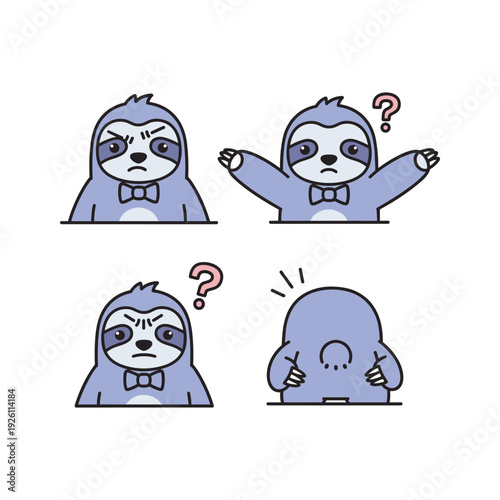 Confused cartoon sloth with different emotions and question marks on white background