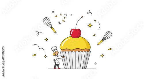 Chef Preparing Cupcake with Cherry Topping.