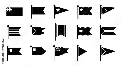 Collection of black flag silhouettes and pennants arranged as a versatile design set.