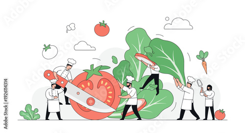 Chefs handling large vegetables and tomato.