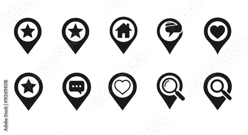 Collection of location pin icons with symbols for stars, chat, hearts, and magnifying glass markers.